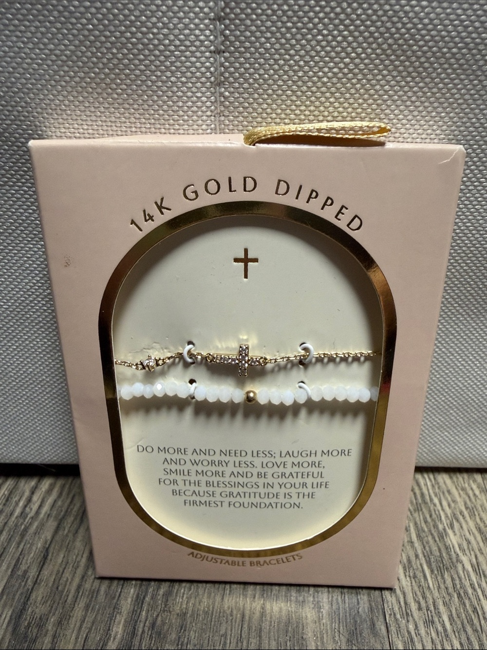NWT 14k Gold Dipped Adjustable White Beaded Cross Bracelet Set